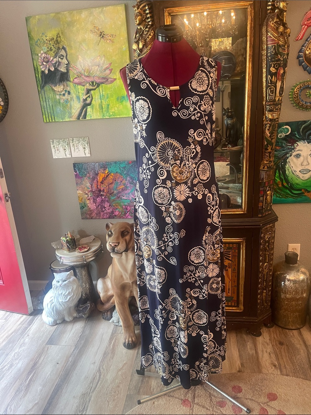 Espresso Navy and White Floral Medallion Maxi Dress
